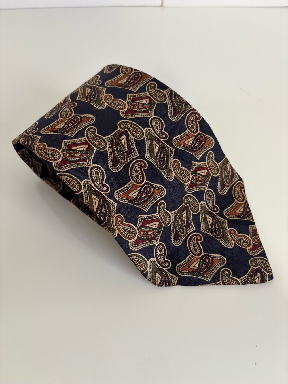 Paul Fredrick Navy Paisley Silk Tie with Red, Gold and Green Accents